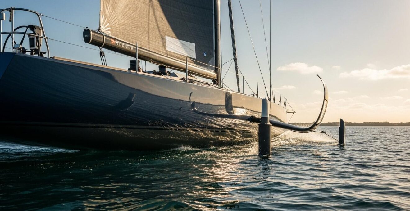 Photographie conceptuelle d'un voilier de course à moteur et voile, sous grand soleil, en pleine accélération