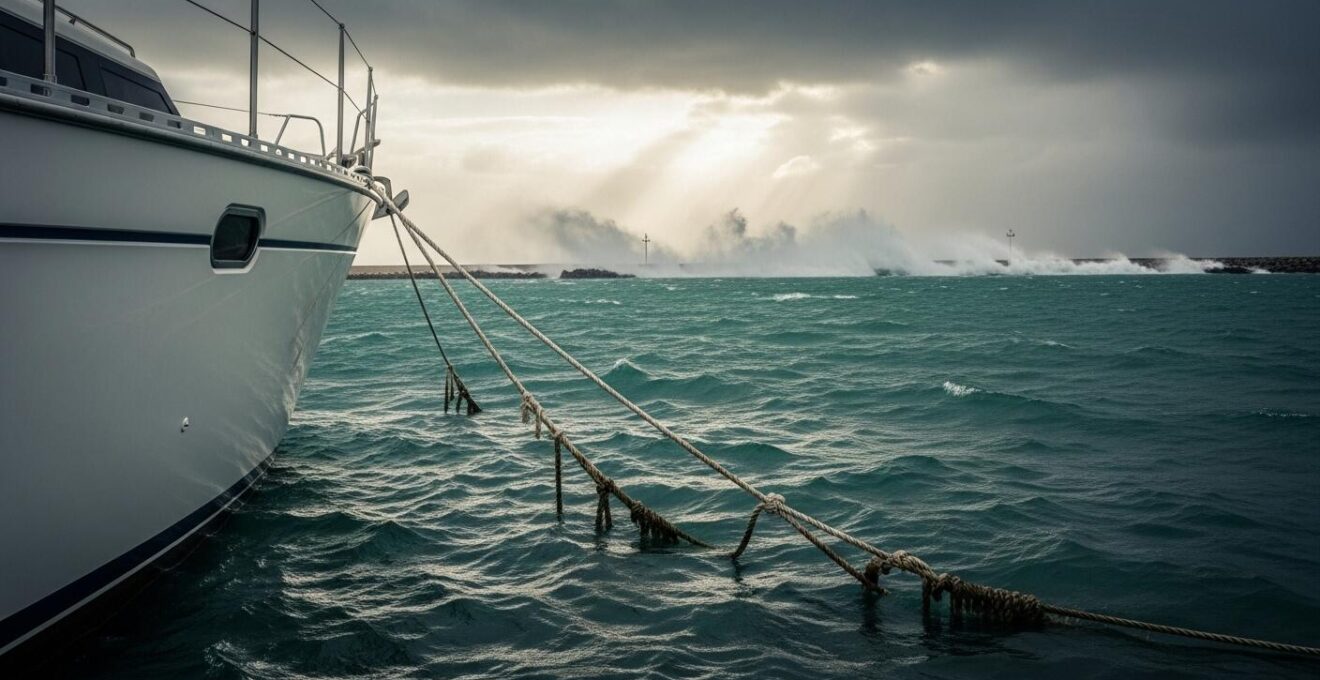 Bateau amarré au port avec un fort vent et une mer calme en arrière-plan, symbolisant le danger au port comparé à la haute mer