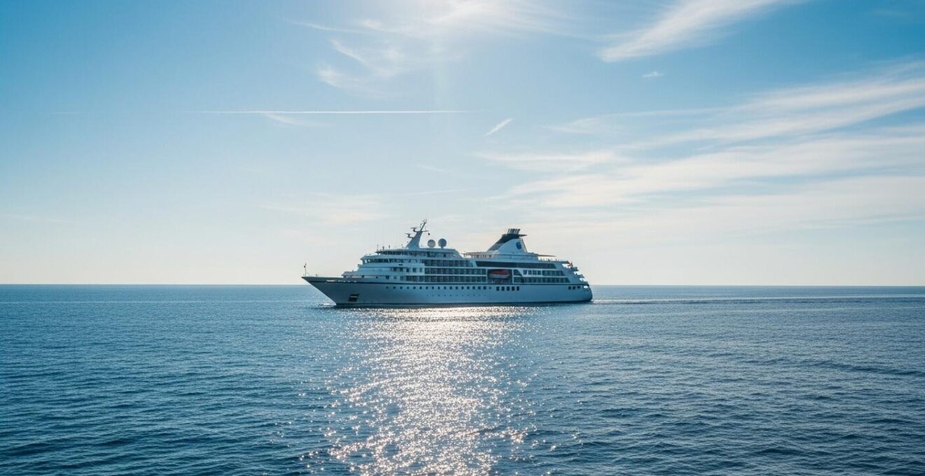 Photographie d'un bateau de croisière naviguant sur une mer calme en été avec un ciel clair et lumineux