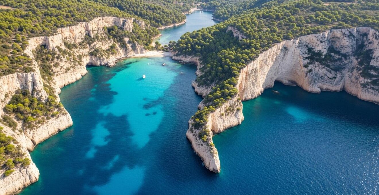 Vue aérienne réaliste d’une calanque sauvage, calme, avec eau turquoise et falaises rocheuses
