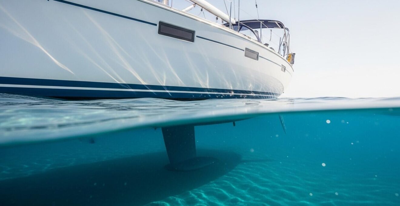 Photographie réaliste d'un voilier moderne en pleine navigation légère sur une mer calme, mettant en valeur la coque et la dérive sous-marine