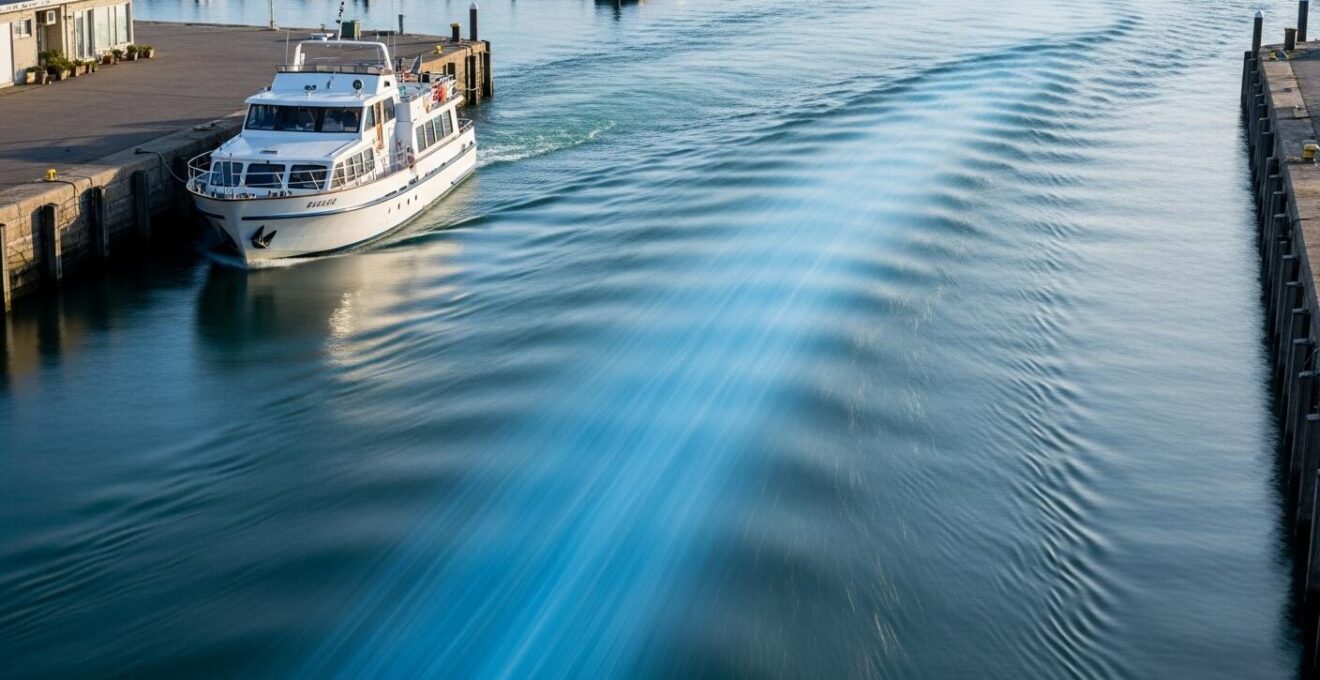 Schéma réaliste d’un bateau manœuvrant en port avec le courant courant visible sous forme de flots bleus indiquant la direction, et le bateau positionné parallèlement au quai.