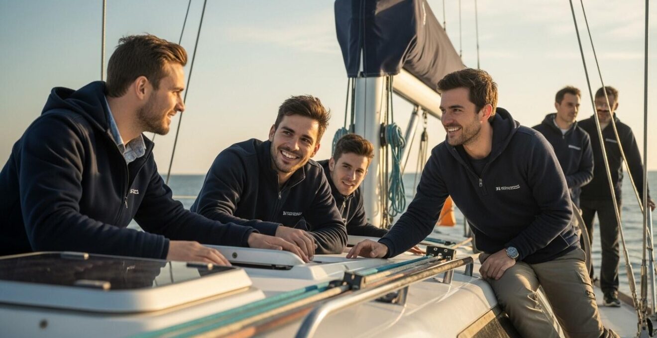 Photographie réaliste d'un voilier naviguant sur une mer calme aux premières lueurs du jour avec un équipage diversifié engagé et souriant à bord