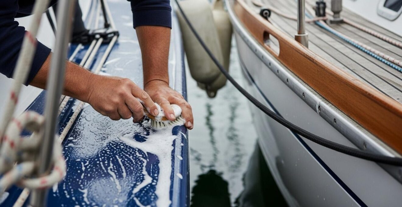 Photographie réaliste d’un marin nettoyant la coque d’un voilier au port