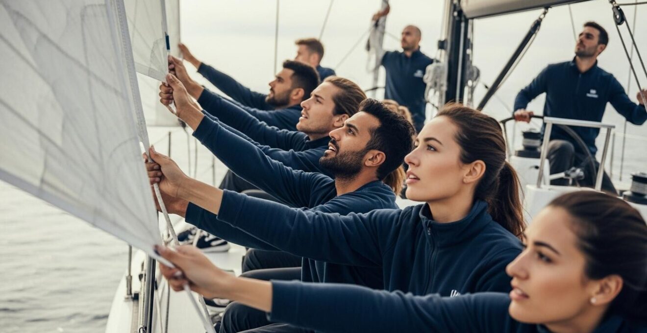 Un équipage diversifié collaborant harmonieusement sur un voilier sous un ciel clair en pleine mer