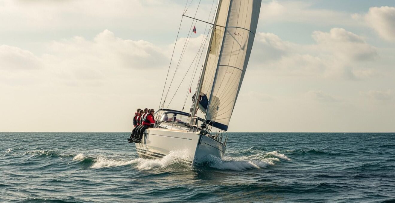 Photographie réaliste d'un voilier naviguant en mer agitée avec un ciel partiellement nuageux, illustrant une force 4 de vent et mer de force 3