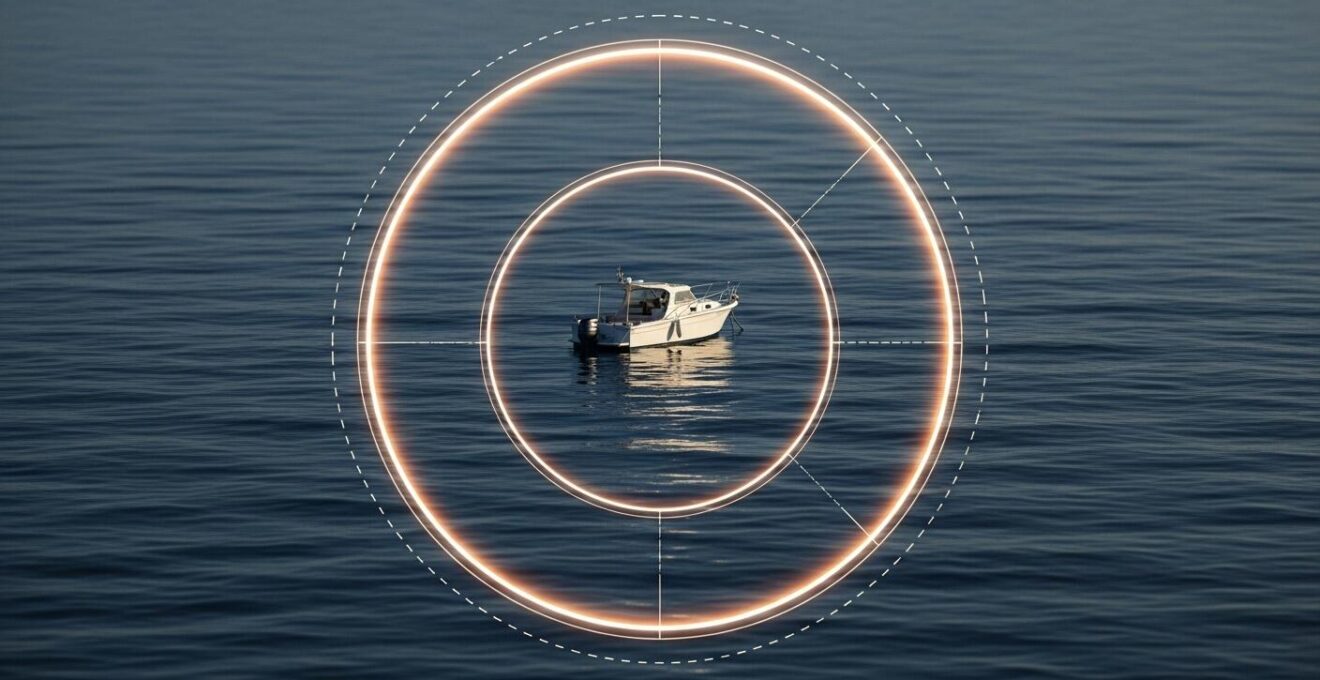 Illustration schématique montrant un bateau et son cercle d'évitage en surface autour d'une ancre