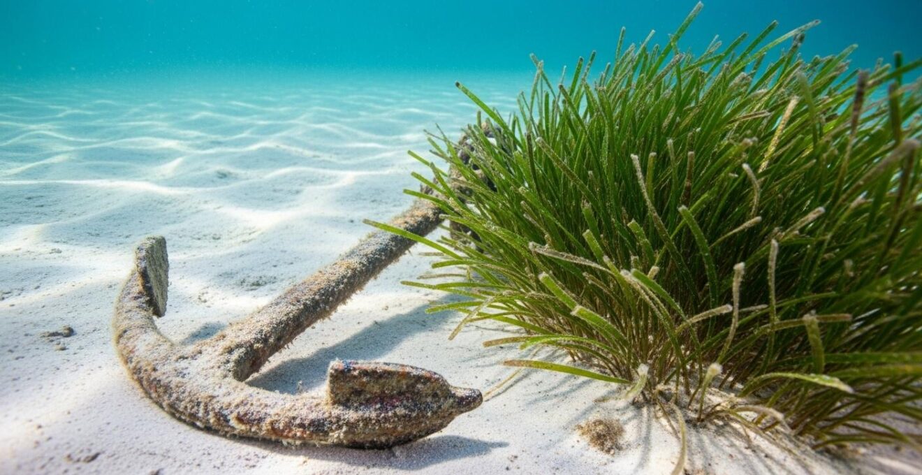 Vue détaillée sous-marine montrant une ancre bien positionnée dans du sable à côté d’un herbier protégé intact