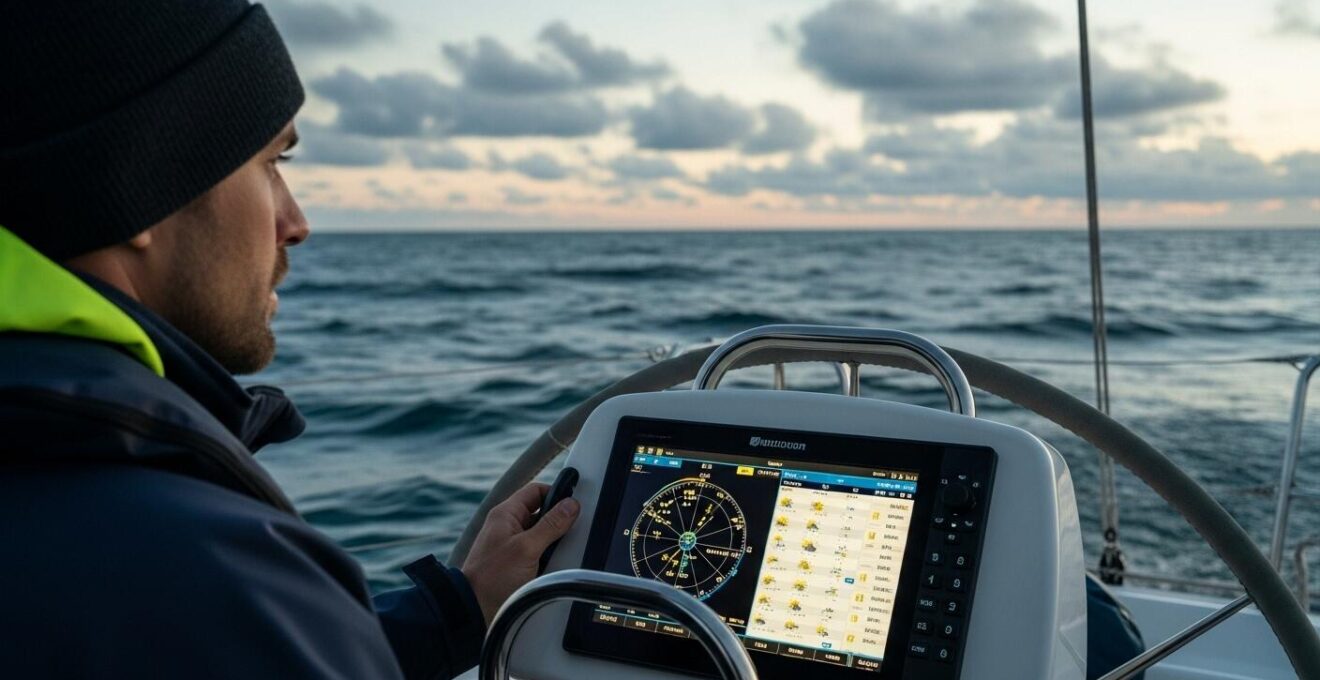 Photographie réaliste d'un navigateur consultant activement un bulletin météo en mer avec la mer agitée et le ciel nuageux en arrière-plan.