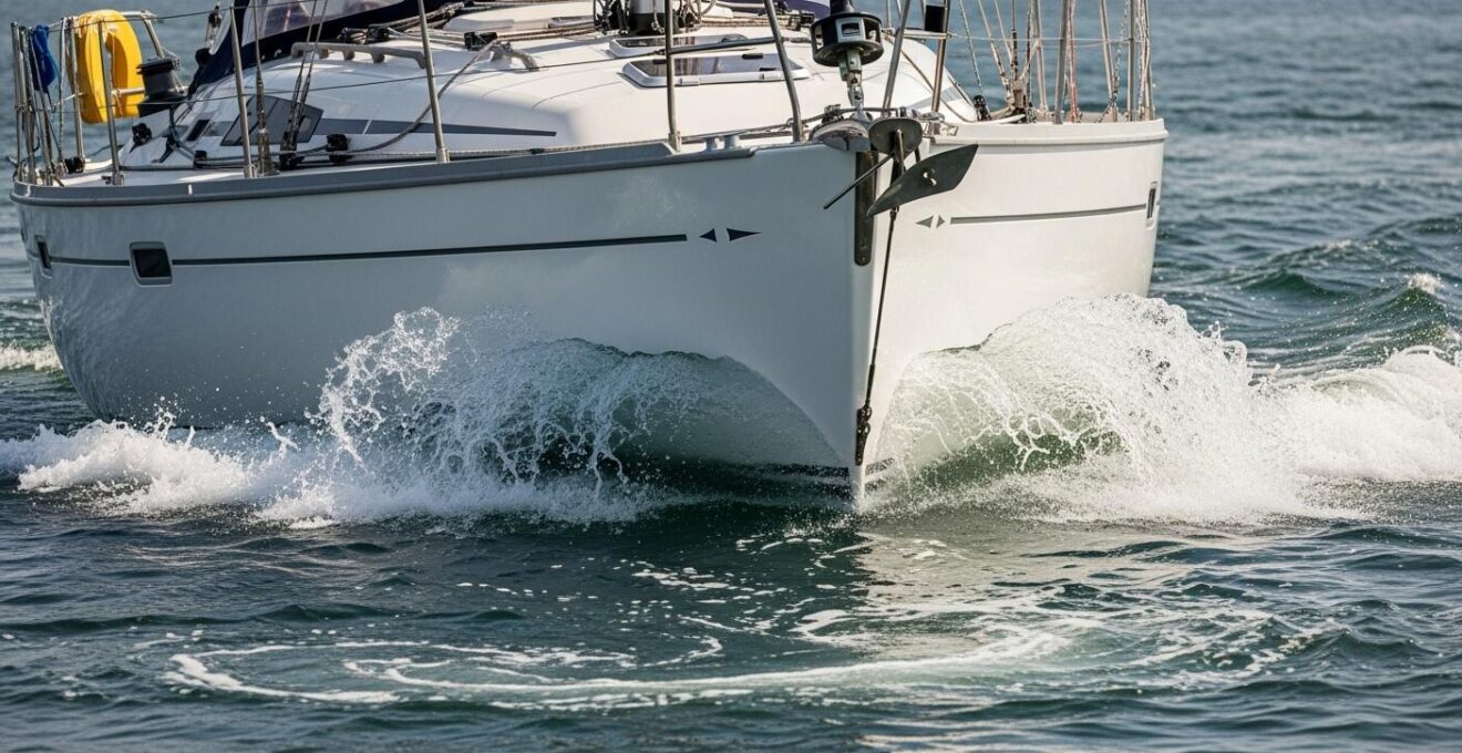 Schéma réaliste montrant un bateau en manœuvre dans un port avec l’indication des courants marins