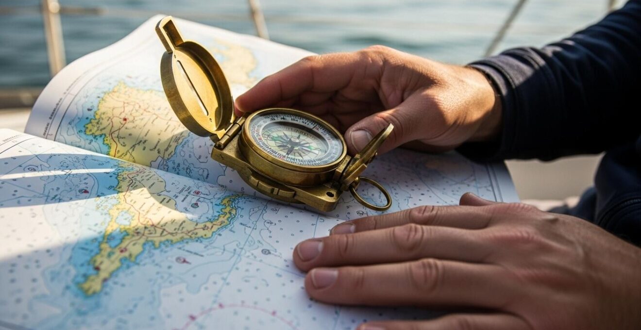 Schéma photographique réaliste d’un navigateur utilisant un compas de relèvement en mer avec une carte marine