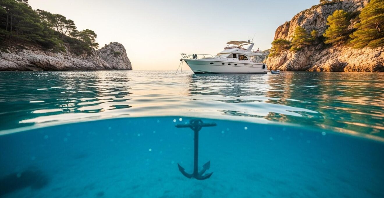 Bateau de plaisance bien mouillé dans une baie protégée avec eaux turquoise et côte paisible au soleil