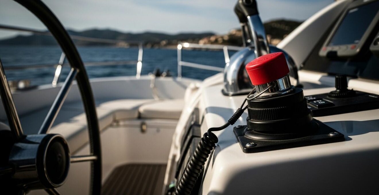 Photographie symbolique d’un coupe-circuit et d’un bateau en mer avec règles visibles en arrière-plan flou