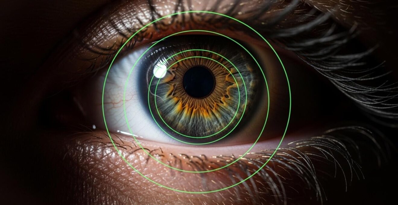 Gros plan hyperréaliste sur un œil humain avec superposition graphique métaphorique de signaux radar subtils