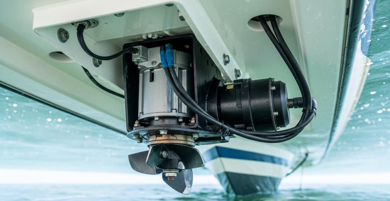 Détail photographique macro d’un propulseur d’étrave électrique installé sous la coque d’un bateau de plaisance, moteur, tunnel et commandes visibles.