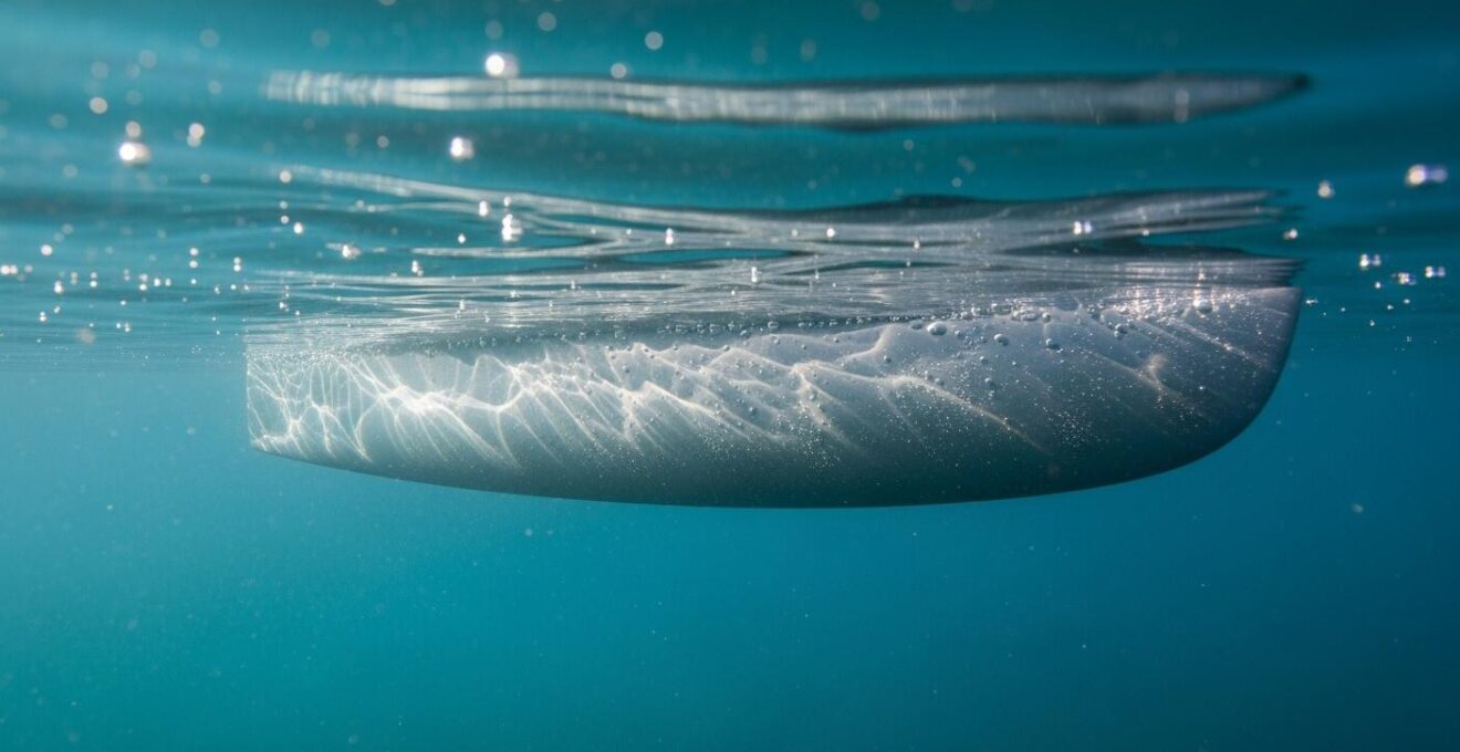 Photographie documentaire montrant la quille d’un voilier en gros plan sous l’eau