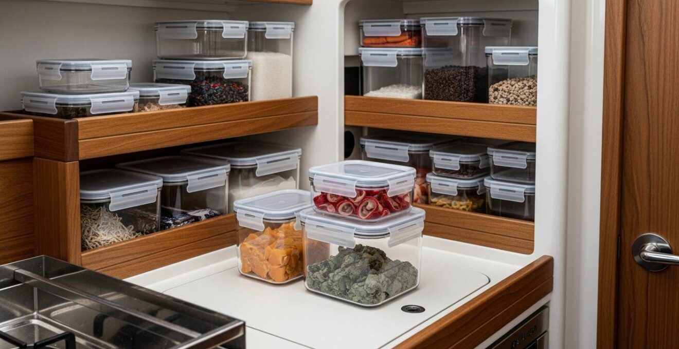 Photographie d’un espace de rangement bien organisé dans la cambuse d’un bateau avec contenants étiquetés et provisions rangées.