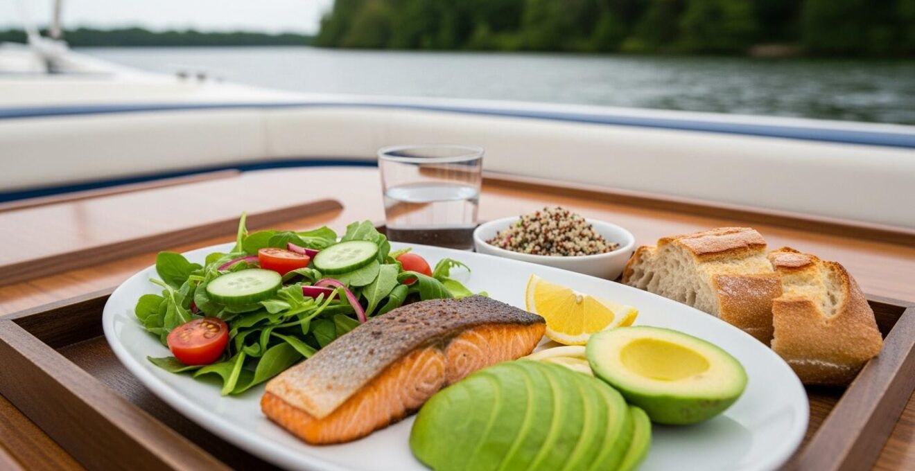Photographie documentaire d'un plateau de repas variés simples à préparer sans frigo, sur une table de bateau.