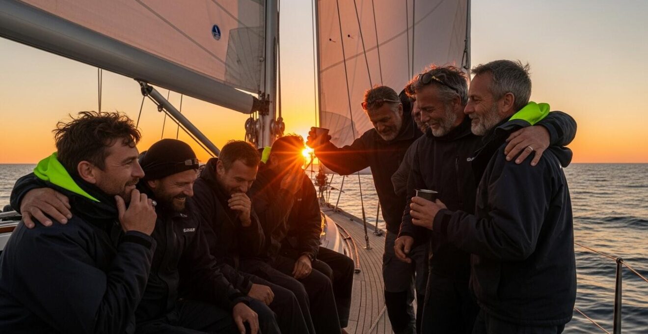 Photographie d'un équipage partageant un rituel nautique unique comme verser un verre à la mer