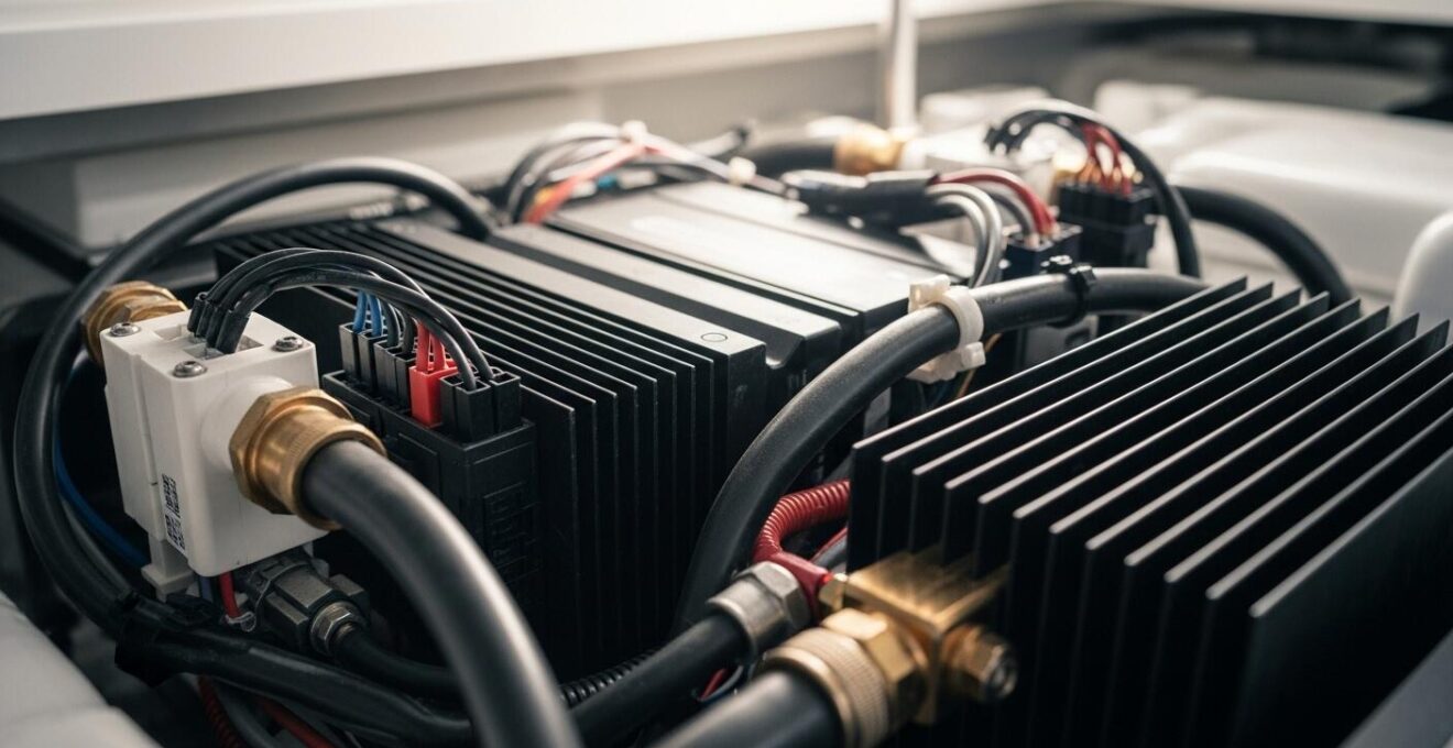 Détail photographique d’un système moderne de gestion de batterie et groupe froid installé sur un bateau