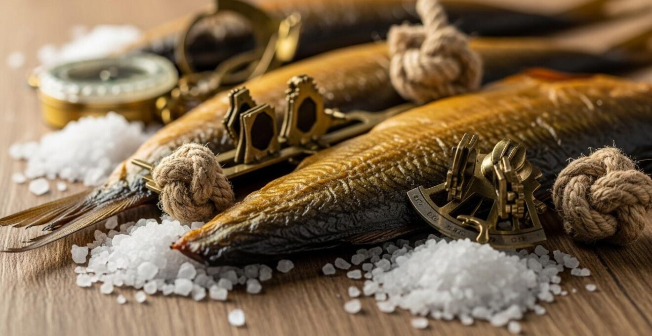 Photographie d'anciens objets et matériaux de conservation du poisson : salage, fumage et séchage à l'air.