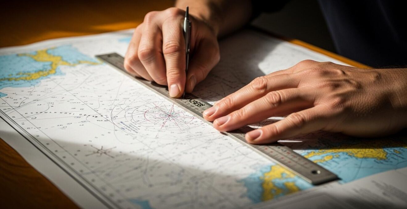 Photographie en vue rapprochée d’une main traçant une route sur une carte marine avec une règle Cras