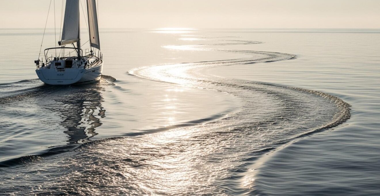 Photographie réaliste d'un voilier laissant un sillage ondulé sur une mer calme avec un ciel lumineux à l'aube