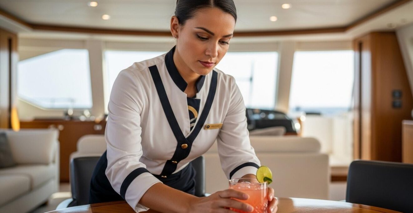 Une hôtesse de yacht en uniforme soigné effectuant un service discret dans un intérieur luxueux