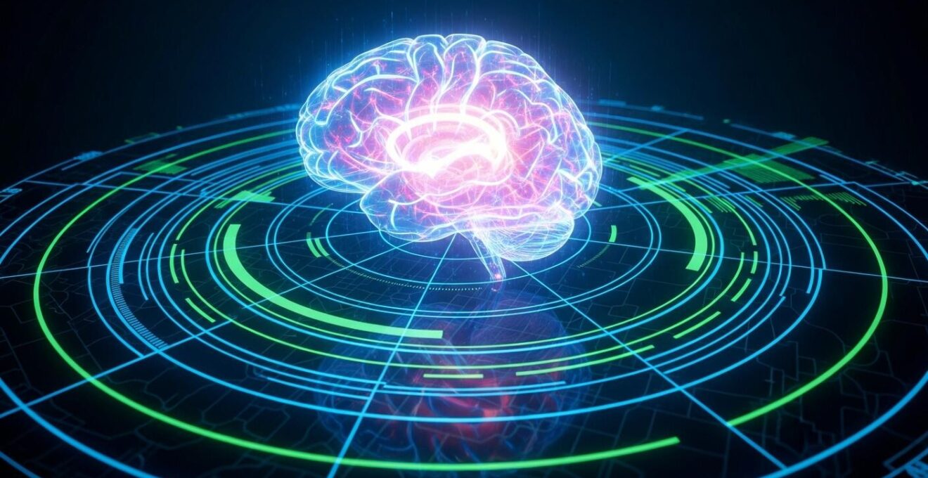 Représentation symbolique d’un cerveau humain surplombant un radar lumineux numérique en superposition