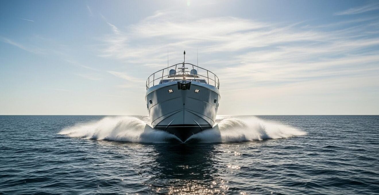 Un yacht de luxe naviguant à grande vitesse sur une mer agitée, créant des éclaboussures dynamiques