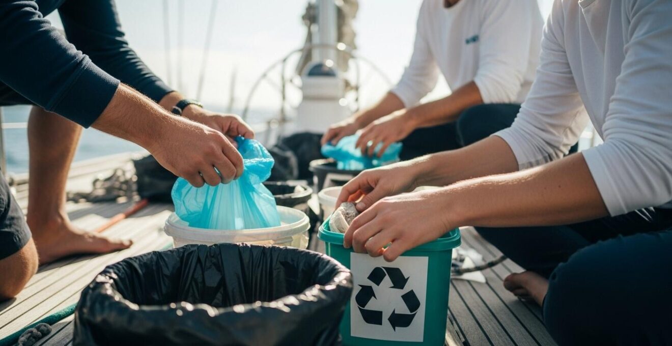 Photo d'un équipage en mer utilisant des contenants réutilisables et triant ses déchets sur un voilier