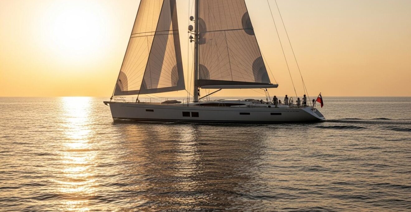 Yacht à voile de luxe naviguant sur une mer calme au coucher du soleil