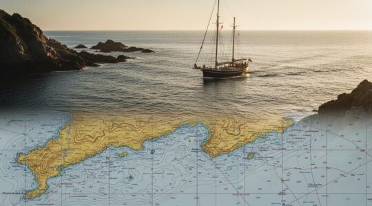 Voilier naviguant près de la côte française sous un ciel clair avec une carte marine en surimpression