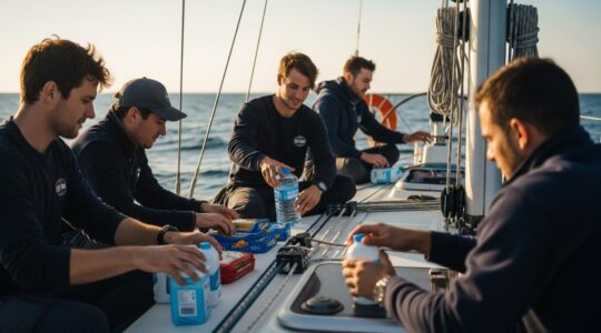 Un équipage préparant l'avitaillement sur un bateau de croisière en mer avec provisions, eau et équipements organisés