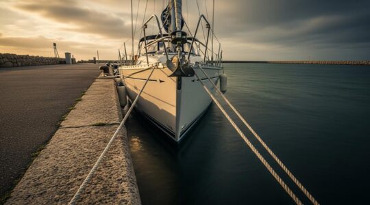 Bateau amarré au port avec des aussières bien attachées, vent sur l'eau, cadre maritime côtier