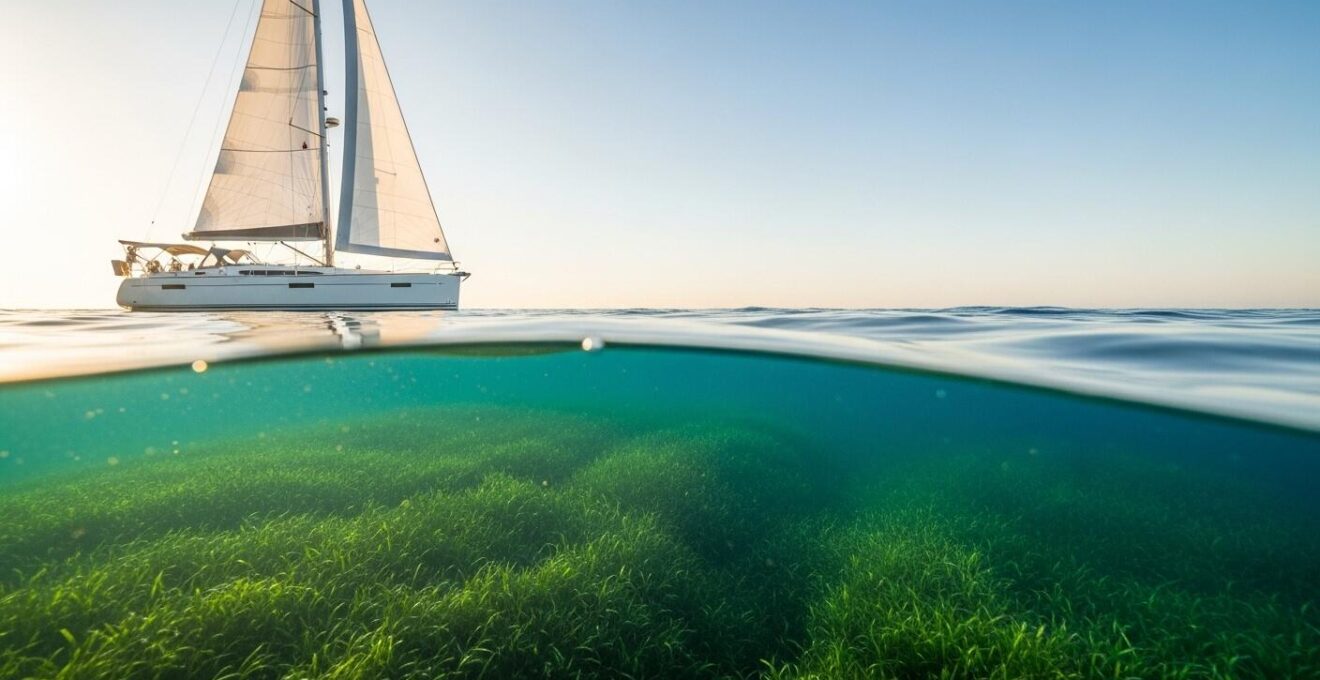 Bateau de plaisance naviguant dans une eau claire, entouré d'un paysage marin préservé avec des herbiers sous-marins visibles, symbolisant la navigation éco-responsable