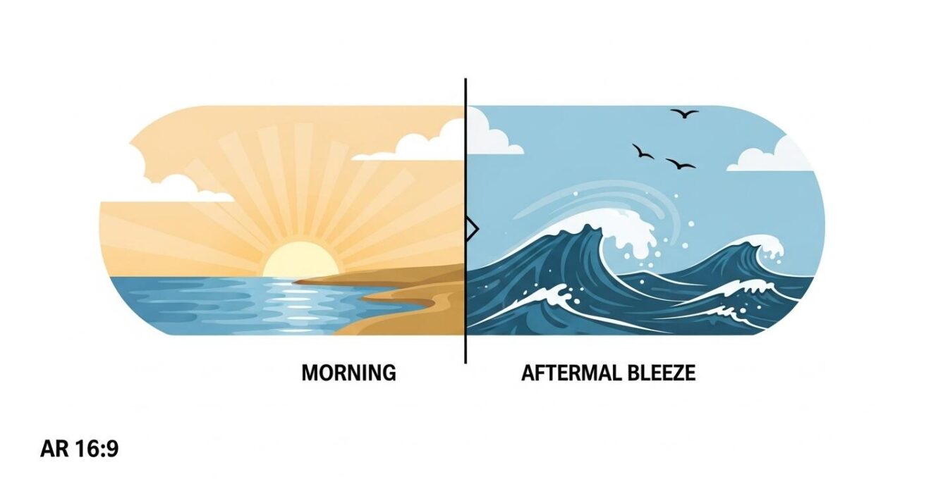 Illustration montrant la formation de la brise thermique : calme matinal avec soleil, vent fort et mer agitée l'après-midi en Méditerranée.
