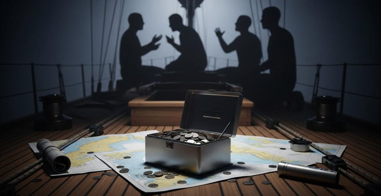 Illustration symbolique d’une caisse de bord ouverte au milieu d’un voilier, avec des membres d’équipage discutant vivement en arrière-plan