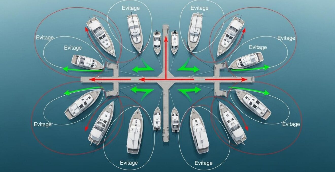 Illustration des cercles d'évitage de plusieurs bateaux, montrant l'influence du vent et les zones de conflit.