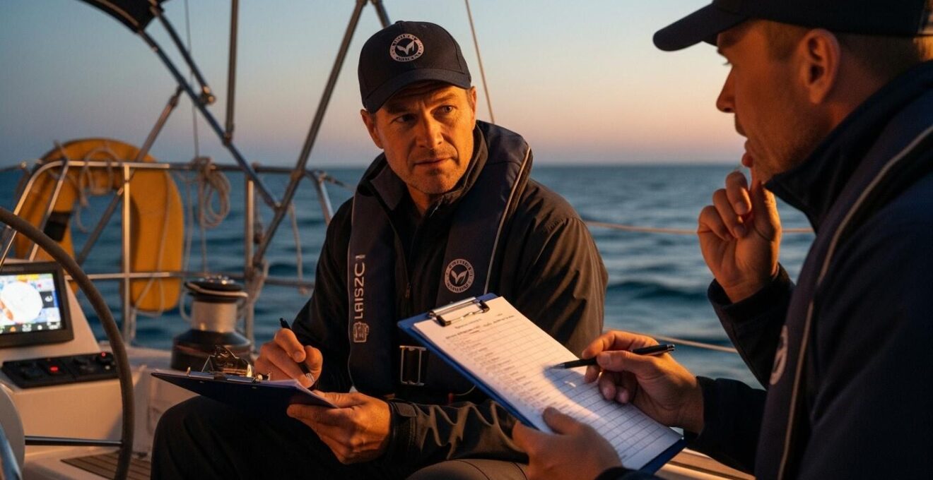 Image réaliste représentant une checklist manuscrite et un skipper vérifiant des instruments de navigation sur un bateau