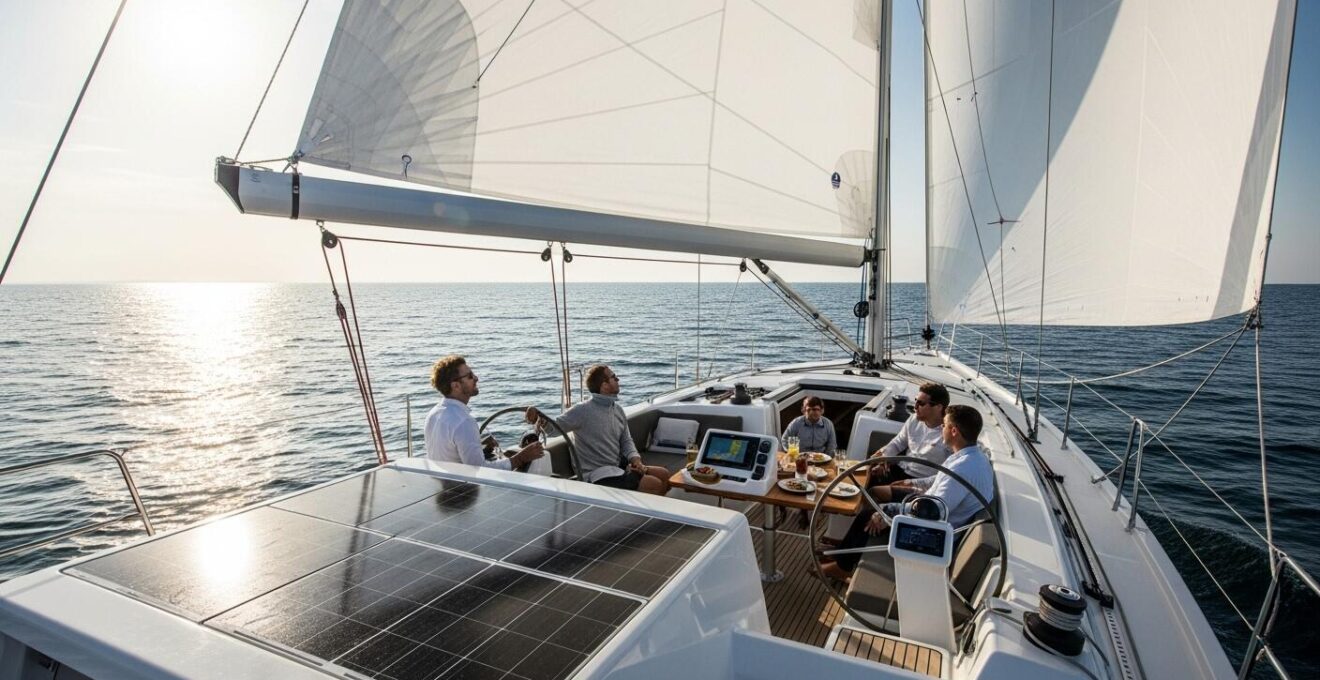 Voilier en mer avec panneaux solaires visibles, voiles neuves bien tendues, cockpit spacieux adapté pour repas et manœuvres