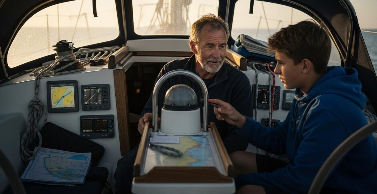 Marin expérimenté guidant un novice dans un espace restreint à bord d’un voilier de 12 mètres, avec instruments de navigation visibles