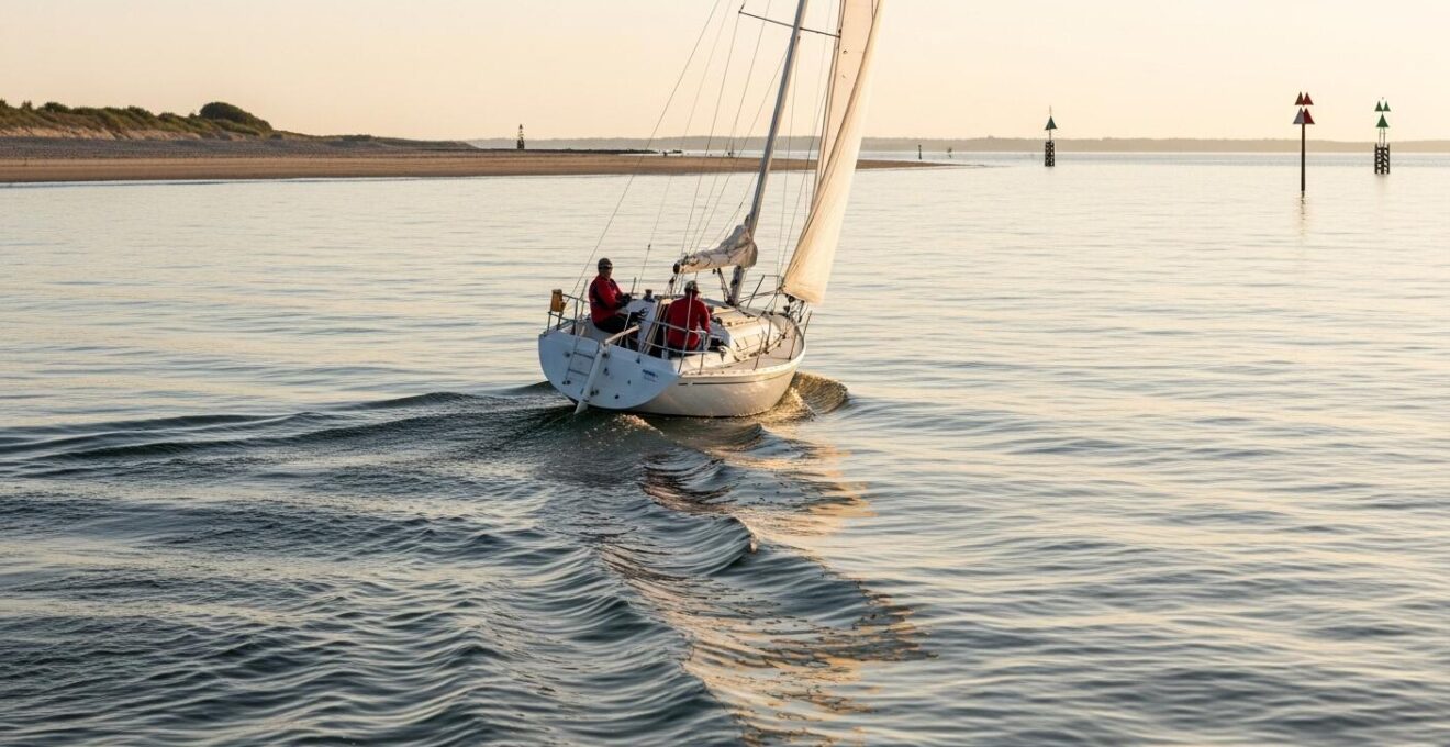 Bateau de plaisance exploitant le courant de marée avec une voile déployée et un courant visible sur une mer calme au coucher du soleil