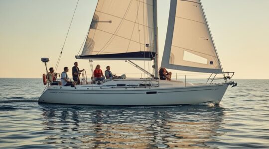 Bateau de plaisance naviguant sur une mer calme avec un lever de soleil éclatant, symbolisant la rencontre entre envies et compétences