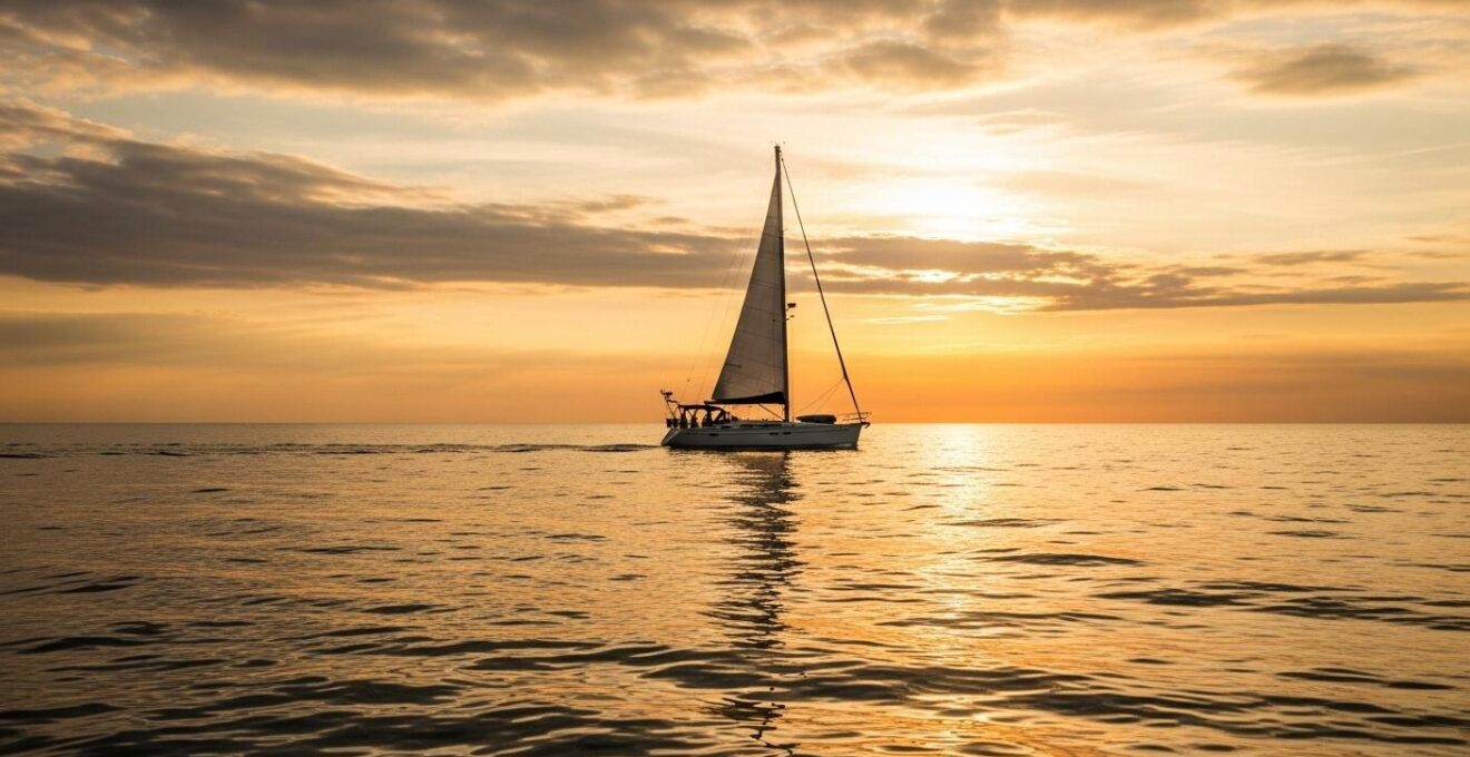 Voilier naviguant sur une mer calme au coucher de soleil avec un ciel clair, symbolisant une croisière en juillet ou septembre en France