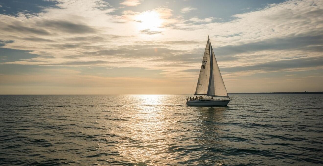 Bateau de croisière naviguant paisiblement sur une mer calme avec un ciel d'été doré entre juillet et septembre en France