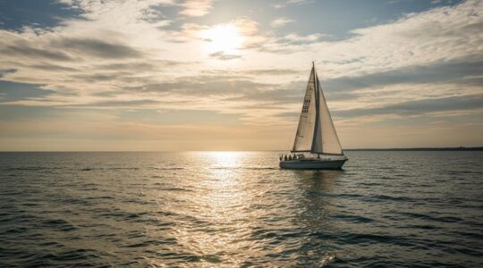 Bateau de croisière naviguant paisiblement sur une mer calme avec un ciel d'été doré entre juillet et septembre en France