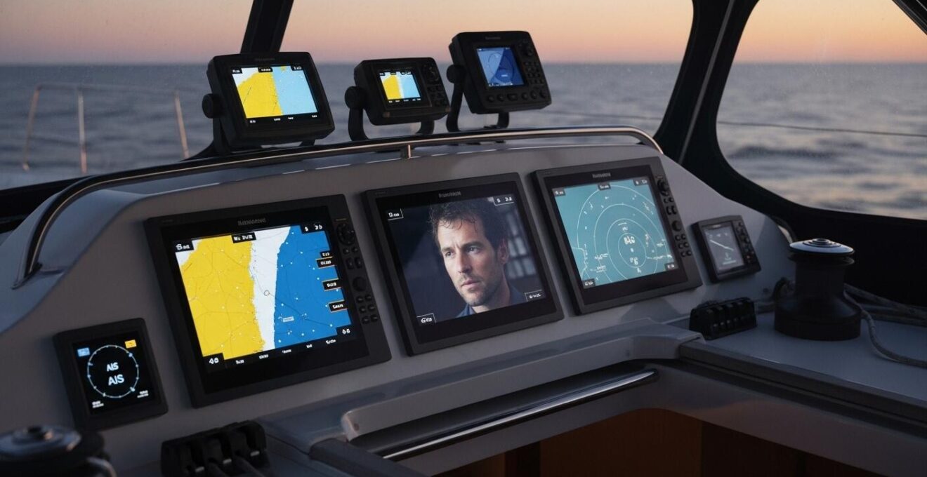 Un navigateur de plaisance sur son bateau consultant plusieurs écrans électroniques de navigation en mer, avec un contraste entre la technologie et l'horizon marin