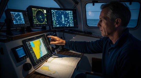 Un navigateur sur un voilier observe plusieurs écrans électroniques montrant radar, AIS et cartographie, tout en consultant une carte marine papier à côté, symbolisant la tension entre technologie et navigation traditionnelle.