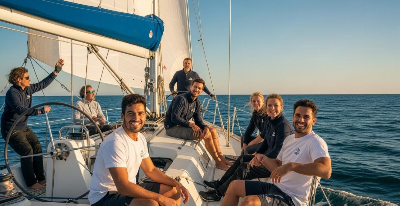Un équipage souriant collaborant sur un voilier en mer, capturant l'esprit d'équipe et de camaraderie en navigation de plaisance en France